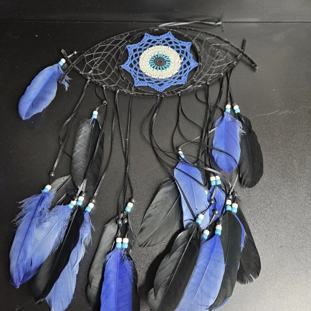 Large Evil Eye Dreamcatcher Blue Black Feather Boho Wall Hanging Decor Boho
